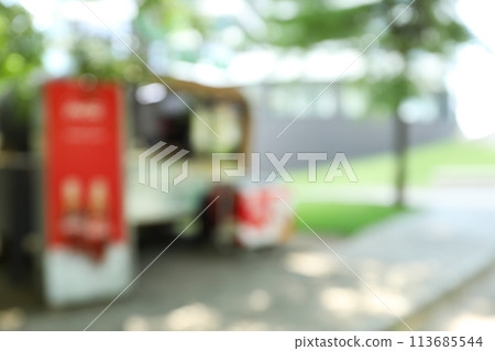 Blurred city photo with trees and houses 113685544