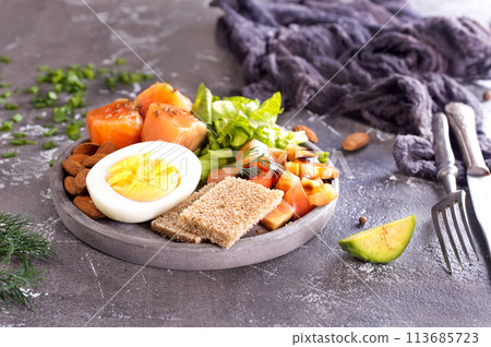 Selection of healthy products. Balanced diet concept. 113685723
