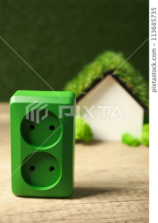 Green electric socket with decorative house on background 113685735