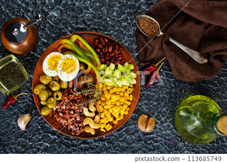 brow rice and vegetables on plate brow rice and vegetables on plate 113685749