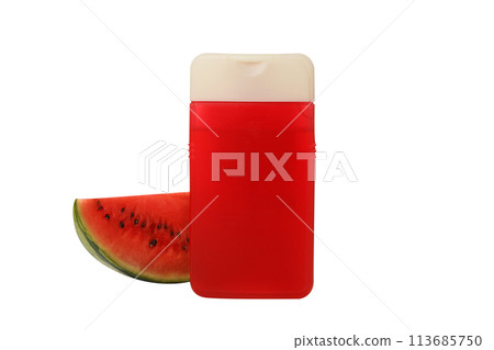PNG, shower gel with watermelon, isolated on white background. 113685750