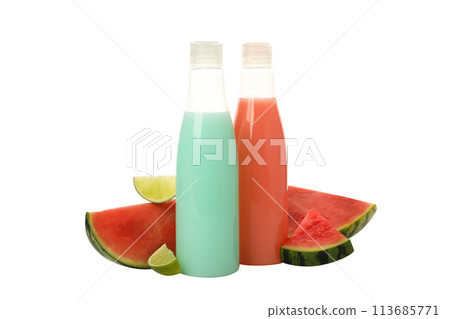 PNG, shower gel with watermelon, isolated on white background. PNG, shower gel with watermelon, isolated on white background. 113685771