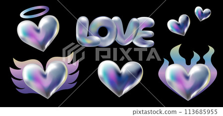 3d holographic retro 90 stickers set. Chrome Hearts in Y2K style with fire flame, angel wings, crown isolated on black. Future galaxy retro aesthetic, 3D chrome bubble art. Metal glossy sticker set. 113685955