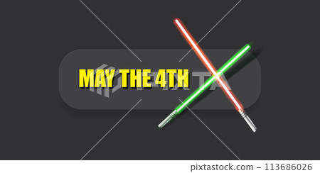 May the 4th vector illustration with glowing light saber. May the 4 banner design template with laser sword 113686026