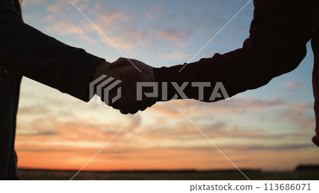 Handshake at sunset, silhouette in park field. Making deal teamwork cooperation successful joint business partnership of two people, farmers greeting saying goodbye showing respect with hand shaking. 113686071