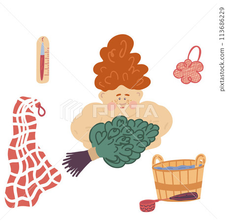 Girl cartoon flat design sauna equipment set Girl cartoon flat design sauna equipment set 113686229