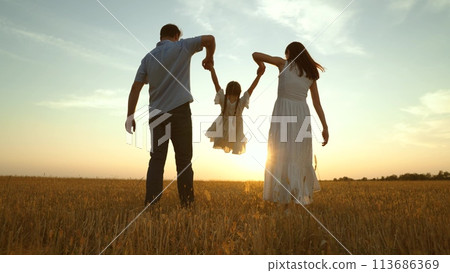 Cute family having fun at sunset, holding hands. Together mom mother daughter kid child dad father walk along field enjoying company weather. Parent girl at nature park. Hope happiness joyful concept Cute family having fun at sunset, holding hands. Together mom mother daughter kid child dad father walk along field enjoying company weather. Parent girl at nature park. Hope happiness joyful concept 113686369