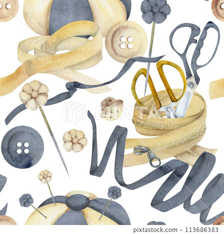 Hand drawn watercolor illustration sewing craft supplies. Clothes zippers, textile pin cushion with needles, buttons. Seamless pattern isolated on white background. Design atelier, tailor, hobby shop Hand drawn watercolor illustration sewing craft supplies. Clothes zippers, textile pin cushion with needles, buttons. Seamless pattern isolated on white background. Design atelier, tailor, hobby shop 113686383