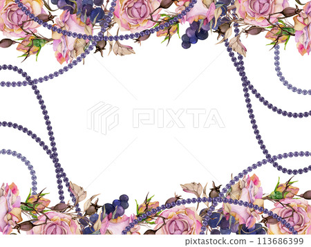 Hand drawn watercolor illustration shabby boho botanical flowers leaves. Rose hip pearl beads autumn branches indigo berries pink pastel. Frame isolated white background. Design wedding, love cards 113686399