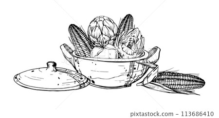 Hand drawn ink vector illustration, cooking pot ceramics vegetable stew maize corn quinoa, south american cuisine Composition isolated on white background. Design travel, vacation, brochure, print 113686410