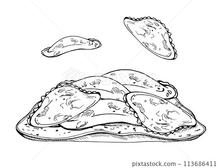 Hand drawn ink vector illustration, traditional meat vegetable filled pie dumpling empanadas turnover. Composition isolated on white background. Design travel, cafe restaurant menu, brochure, print 113686411