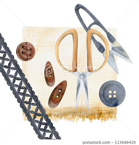 Hand drawn watercolor illustration sewing craft embroidery supplies. Natural fabric piece with buttons, scissors, ribbon. Composition isolated on white background. Design atelier, tailor, hobby shop 113686420