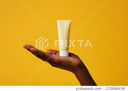 African American womans hand holds light yellow tube on yellow background. Skin health care concept 113686436