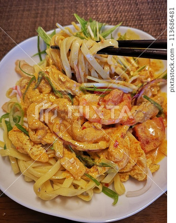 Singaporean style cold laksa noodles Singaporean style cold laksa noodles 113686481