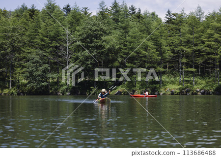 family enjoying kayaking 113686488