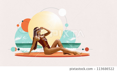 Elegant beautiful young woman in swimming sit relaxed on beach by sea, sunbathing. Contemporary art collage. 113686522