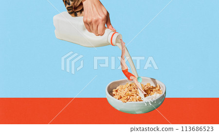 Poster. Contemporary art collage. Poster. Contemporary art collage. Hand pouring milk with diving swimmer to cereal against orange-blue background. 113686523