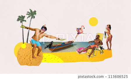 Happy, joyful young people, men and women relaxing on beach, sunbathing, diving, swimming. Contemporary art collage. 113686525
