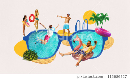 Young people, men and women relaxing on beach, sunbathing, swimming in pool. Party time. Contemporary art collage. Joyful vibe 113686527