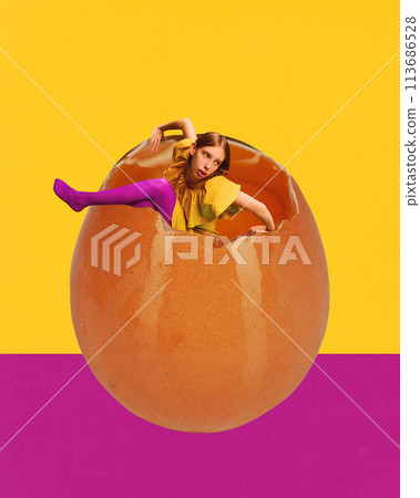 Poster. Contemporary art collage. Woman sitting in broken egg against purple-yellow background. 113686528
