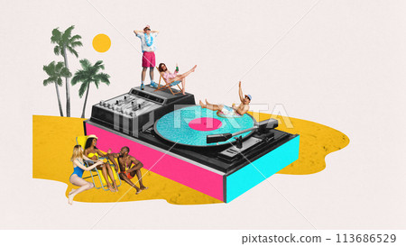 Young positive people, men and women relaxing on beach, sunbathing, swimming in pool. Party time. Contemporary art collage. 113686529