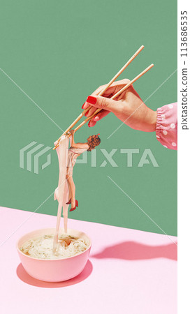 Poster. Contemporary art collage. Hand with red nails holding chopsticks lifting a tiny woman from noodle bowl. Poster. Contemporary art collage. Hand with red nails holding chopsticks lifting a tiny woman from noodle bowl. 113686535