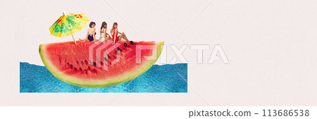 Stylish young girl in elegant swimsuits witting on watermelon and swimming on sea. Contemporary art collage. 113686538