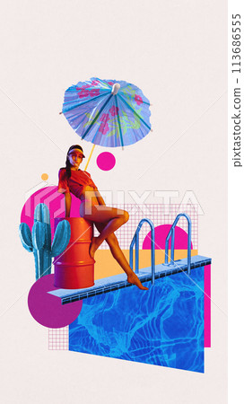 Young woman in swimsuit and t-shirt standing near swimming pool. Swimming, sunbathing. Contemporary art collage. 113686555