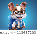 Cute funny dog cartoon character running to school with backpack, flat illustration, mascot 113687203
