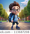 funny little boy with glasses with a backpack goes to school, super cute, 3d mascot 113687208
