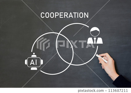 Image of cooperation and coexistence between AI and business people Image of cooperation and coexistence between AI and business people 113687211
