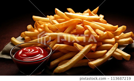 French fries with ketchup on wooden table 113687219