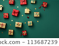 christmas decoration with gifts. flat lay view background with copy space 113687239