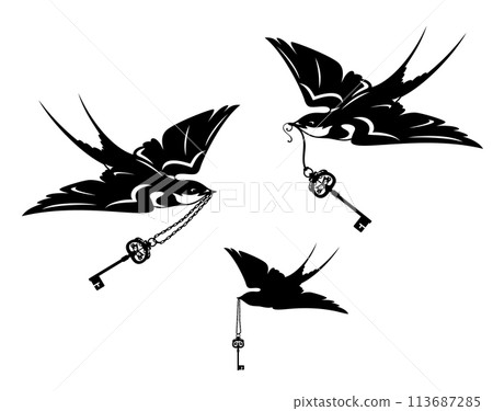 flying swallow birds holding antique skeleton key vector silhouette design set 113687285