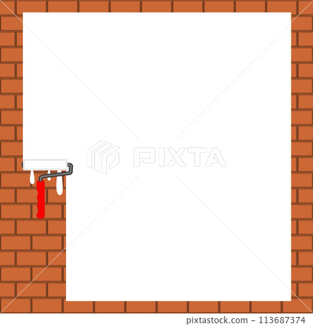 White background on a brick wall. Brown brick wall painted with white paint roller. Vector illustration in flat style. White background on a brick wall. Brown brick wall painted with white paint roller. Vector illustration in flat style. 113687374