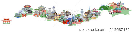 Illustrated map of tourist spots in Japan, bird's-eye view, green 113687383