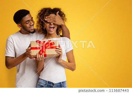 Loving black guy surprising his girlfriend with gift 113687443