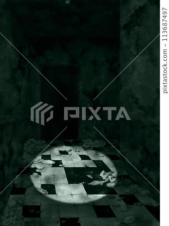 Collapsed dark corridor of old abandoned building illuminated by flashlight green Collapsed dark corridor of old abandoned building illuminated by flashlight green 113687497