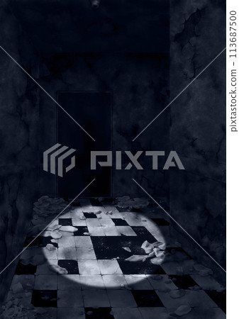 Blue crumbling dark corridor in old abandoned building illuminated by flashlight 113687500