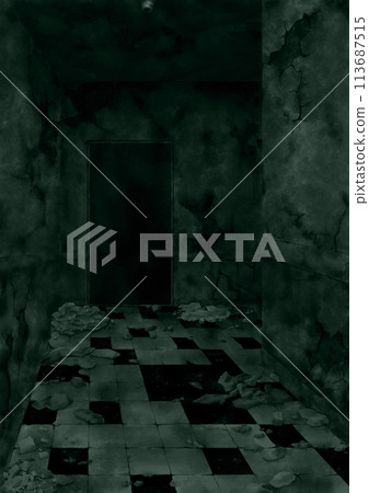 Old abandoned building, dark and crumbling corridor, green 113687515