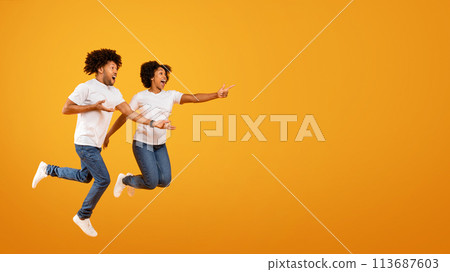 Excited african american couple pointing at copy space Excited african american couple pointing at copy space 113687603
