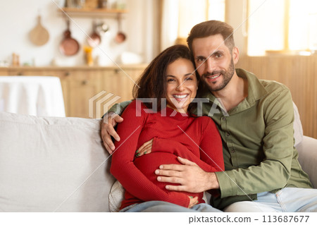 Happy pregnant couple embracing on the sofa 113687677