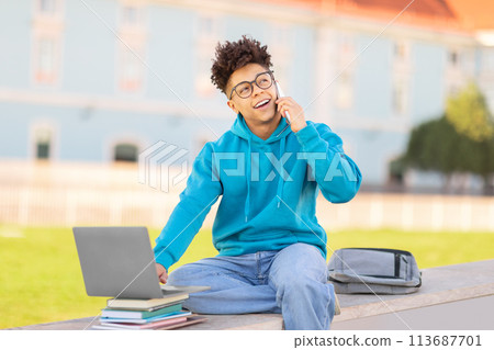 Student talking on phone with laptop, studying at park Student talking on phone with laptop, studying at park 113687701