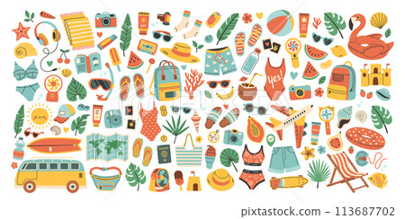 Summer big set for sticker. Icons, signs, banners. Bright summertime poster. Collection elements for summer holiday. Summer big set for sticker. Icons, signs, banners. Bright summertime poster. Collection elements for summer holiday. 113687702