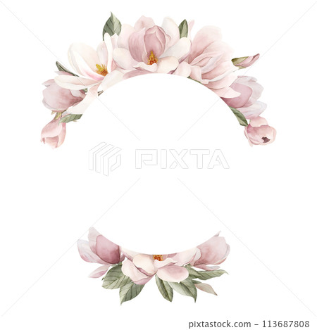 Light pink magnolia flowers, buds and leaves. Floral watercolor illustration hand painted isolated on white background. Wreath of spring blossom for cosmetic packaging, print, label or logo. Light pink magnolia flowers, buds and leaves. Floral watercolor illustration hand painted isolated on white background. Wreath of spring blossom for cosmetic packaging, print, label or logo. 113687808