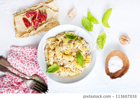 boiled pasta with minced meat and basil boiled pasta with minced meat and basil 113687838