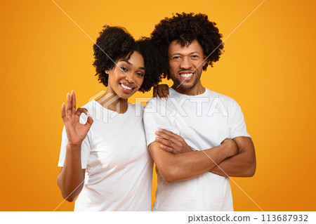 Beautiful millennial african american couple embracing and gesturing Beautiful millennial african american couple embracing and gesturing 113687932