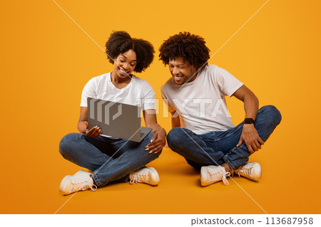 Pretty young black woman showing her husband something on laptop Pretty young black woman showing her husband something on laptop 113687958