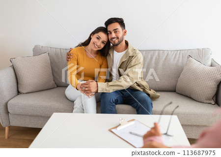 Couple consulting with lady professional, enjoying results Couple consulting with lady professional, enjoying results 113687975