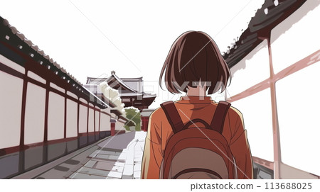 一位婦女在舊城區觀光的後視圖 113688025